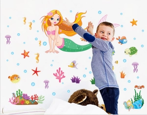 Cartoon mermaid ocean wall stickers for kids bedroom featuring seahorse and corals