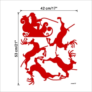 Detail view of red Christmas reindeer and Santa sleigh wall sticker measuring 42x53 cm