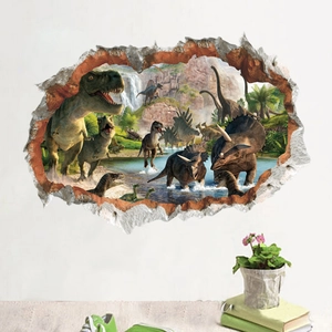 Sticker mural 3D dinosaures réalistes avec effet de rupture de mur pour chambre d'enfant