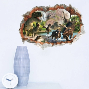 Sticker mural dinosaure 3D avec scène de forêt réaliste et effet de mur brisé
