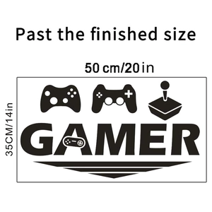 Detail view of black gamer wall stickers showing controller icons and 50x35cm dimensions