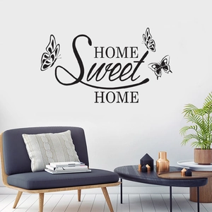 Adesivo murale Home Sweet Home con farfalle nere per decorazione soggiorno moderno