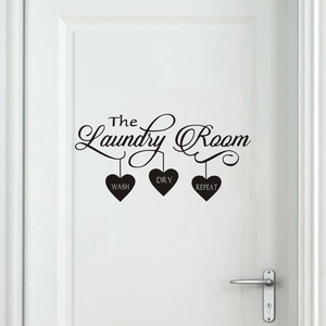 Sticker mural noir moderne The Laundry Room pour buanderie avec design cœur et texte