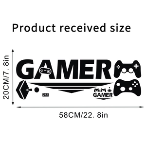 Dimensions of gamer wall sticker with game controller icons measuring 58cm by 20cm