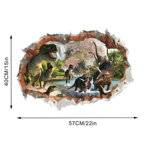 Dimensions du sticker mural 3D dinosaure avec T-Rex et décor de forêt tropicale
