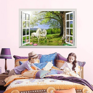 3D window unicorn wall sticker with forest landscape for kids room wall decor