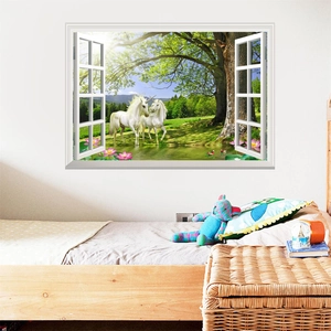 3D unicorn window wall sticker with lotus pond landscape for living room decor