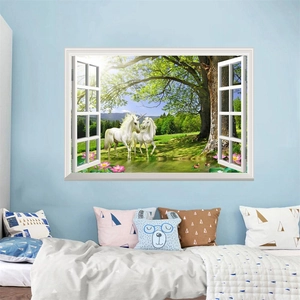Detailed 3D wall decal showing unicorns by a forest lake through a white window frame