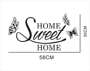 Adesivo murale nero Home Sweet Home con farfalle per soggiorno, misura 58x30cm