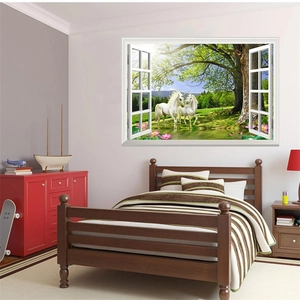 3D unicorn faux window wall decal with a sunny forest scenery for bedroom decor