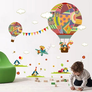 Cartoon Hot Air Balloon Wall Stickers For Kids Room Nursery Decor Waterproof PVC Animal Bear Penguin Giraffe Wall Decal DIY Home Decoration