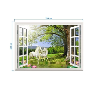 3D wall sticker showing a romantic unicorn window view measuring 70x50 cm for room decor