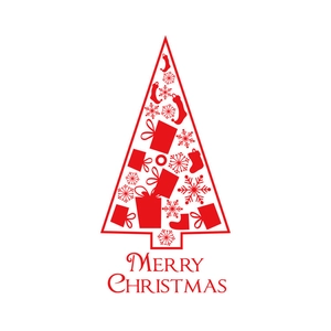 Adesivo murale sagoma albero di Natale rosso con icone festive e scritta di auguri