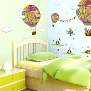 Cartoon hot air balloon wall stickers for kids room with adorable bear and penguin pilot