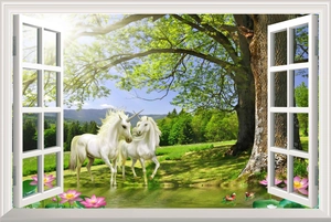Detailed 3D window wall sticker showing romantic unicorns and lotus flowers in a forest