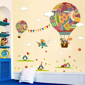 Cartoon hot air balloon wall stickers with teddy bear and penguins for nursery room