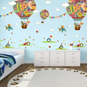 Cartoon hot air balloon and animals wall sticker set for kids room nursery decoration
