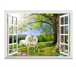 3D wall sticker with white unicorns and lotus pond seen through a faux window frame