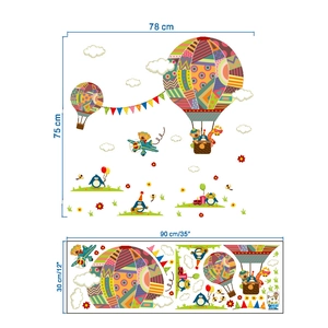 Cartoon hot air balloon wall decal with animals for kids room decor 78x75cm size