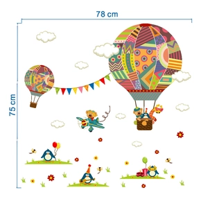 Detail showing cartoon hot air balloon wall stickers for nursery with 78x75cm dimensions