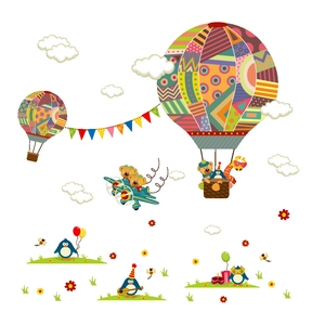 Detail of colorful cartoon hot air balloon wall stickers with animal bear and penguin