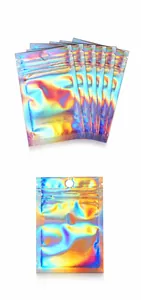 Sacchetto richiudibile in pellicola laser iridescente con foro per appendere e vista