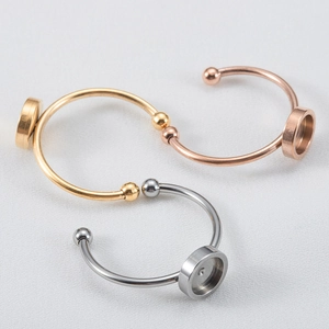Polished stainless steel DIY ring base with flat round tray in gold, silver, and rose gold