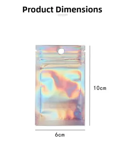 Vista dettagliata delle dimensioni del sacchetto olografico laser di 10 cm x 6 cm