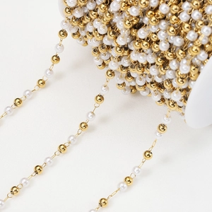 Stainless Steel Faux Artificial Pearl Beaded Chain Gold Plated Metal Beads Link For DIY Necklace Bracelet Jewelry Making Accessories