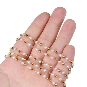 Stainless steel beaded chain with gold metal balls and white faux pearls for DIY jewelry
