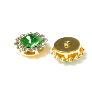 Double-layer sunflower rhinestone buckle with green center stone and gold base for DIY crafts