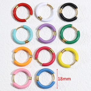 Set of eleven colorful 18mm stainless steel hoop earrings in minimalist enamel gold finish