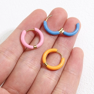 Colorful 12mm stainless steel enamel hoop earrings set displayed on hand