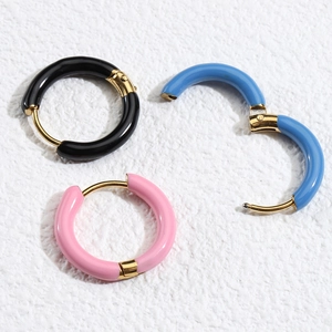 Set of colorful 12mm stainless steel hoop earrings in black, pink and blue enamel
