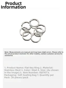 Close-up of flat stainless steel split key rings in silver color, pack of 20 pieces