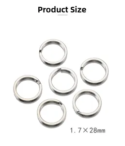 Detailed view of silver flat metal split key rings measuring 1.7 x 28mm for DIY crafts