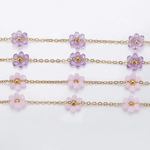 18K Gold Plated Stainless Steel Flower Chain Pink Amethyst Crystal Beaded DIY Jewelry Making Chain For Necklace Bracelet