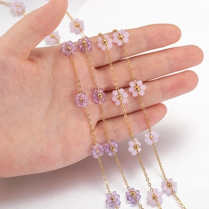 18k gold plated stainless steel chain necklace with handmade pink and purple floral beads