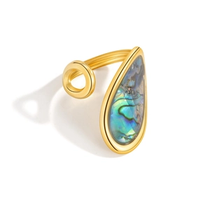 Irregular stainless steel ring with abalone shell inlay and adjustable gold band