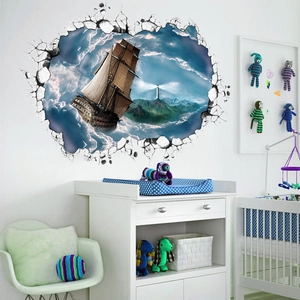 3D hole wall sticker featuring a vintage sailing ship and lighthouse for room decoration
