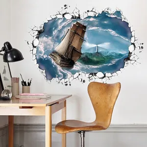 3D wall sticker featuring a vintage sailing ship in sea of clouds with 45-degree view
