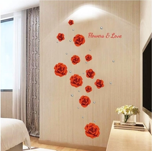 3D red rose wall decals for home decor featuring Flowers and Love artistic lettering
