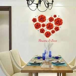 Romantic red rose heart wall decal with Flowers & Love lettering for home decor