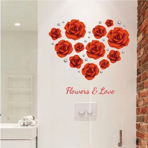 Romantic red rose heart wall decal with Flowers and Love text for home decoration