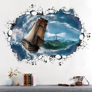 Detail of 3D wall sticker showing vintage sailing ship navigating through a sea of clouds
