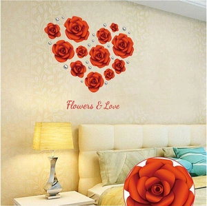 Romantic red rose heart wall stickers with Flowers & Love text for bedroom decor