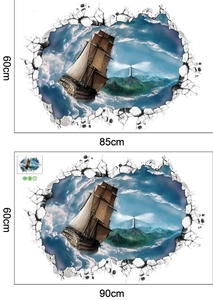 Detail view of 3D sailboat wall sticker showing precise 60x90cm dimensions and PVC texture