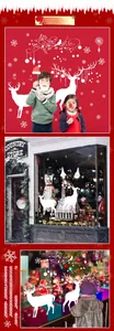 White Christmas reindeer and snowflake static window stickers on a festive red background