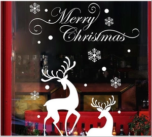 White Christmas Snowflake Reindeer Window Sticker Merry Christmas Wall Decal PVC Removable Festive Glass Door Decor For Shop Home
