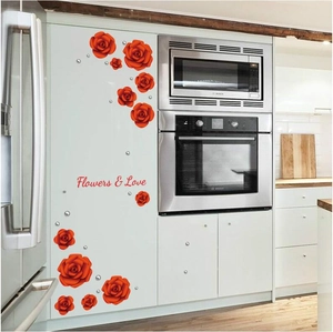 Detail showing red rose wall decals with Flowers and Love text on a kitchen cabinet